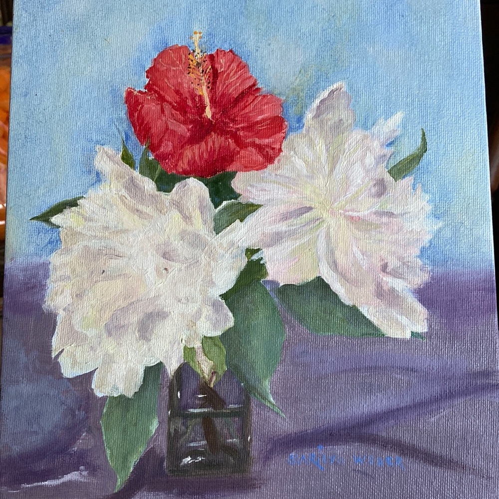 HAND CRAFTED original oil painting on canvas board, hibiscus & peonies $80